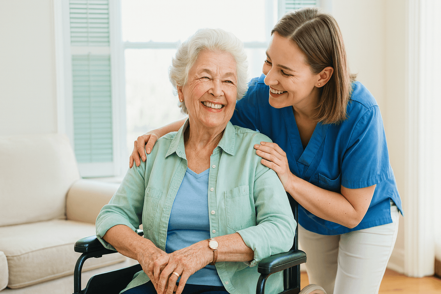 Îngrijire bătrâni Constanța – asistență medicală zâmbind alături de o senioră într-un cămin modern și sigur.