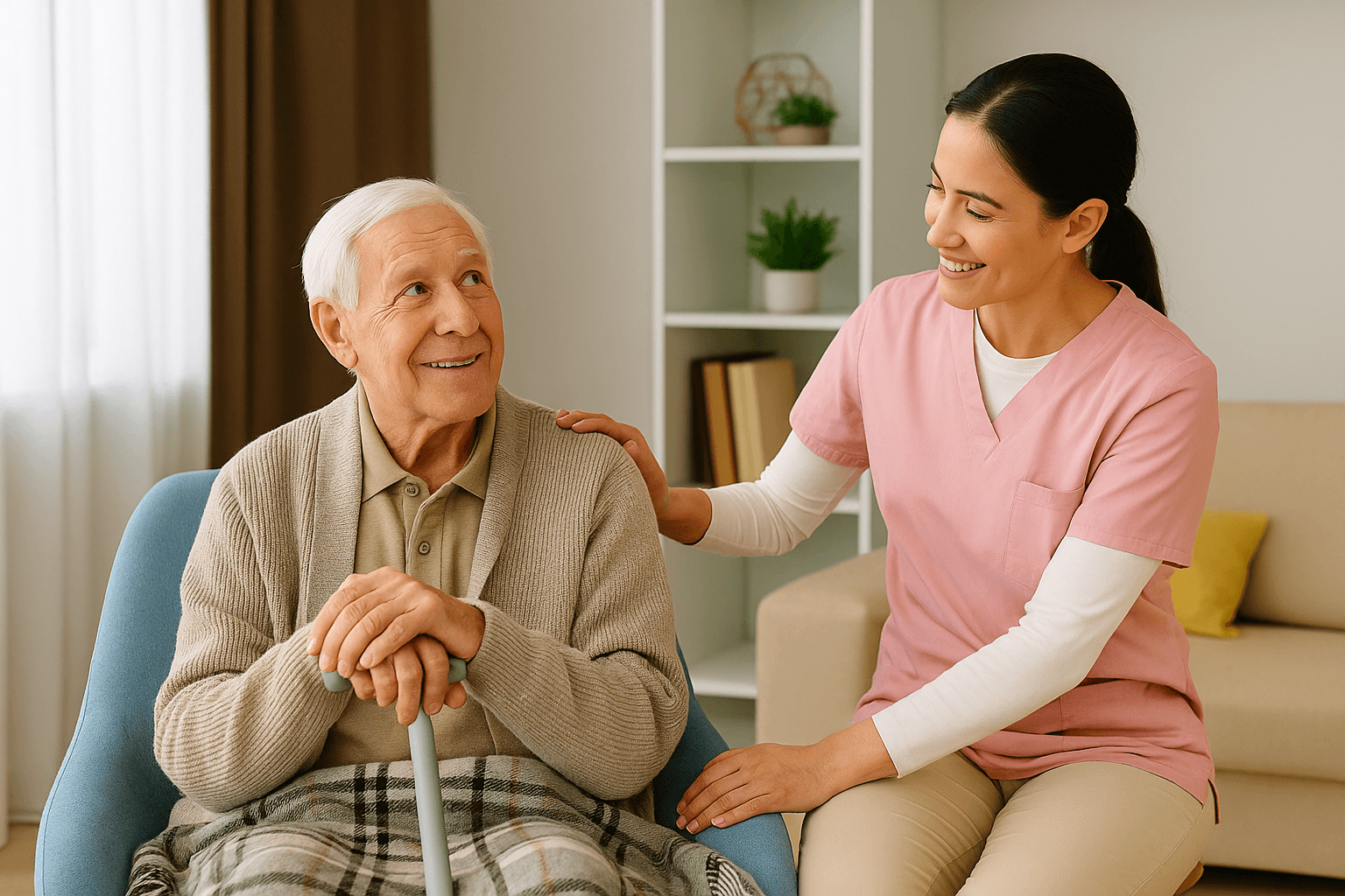 Îngrijire bătrâni în Constanța – asistentă grijulie alături de un senior zâmbitor