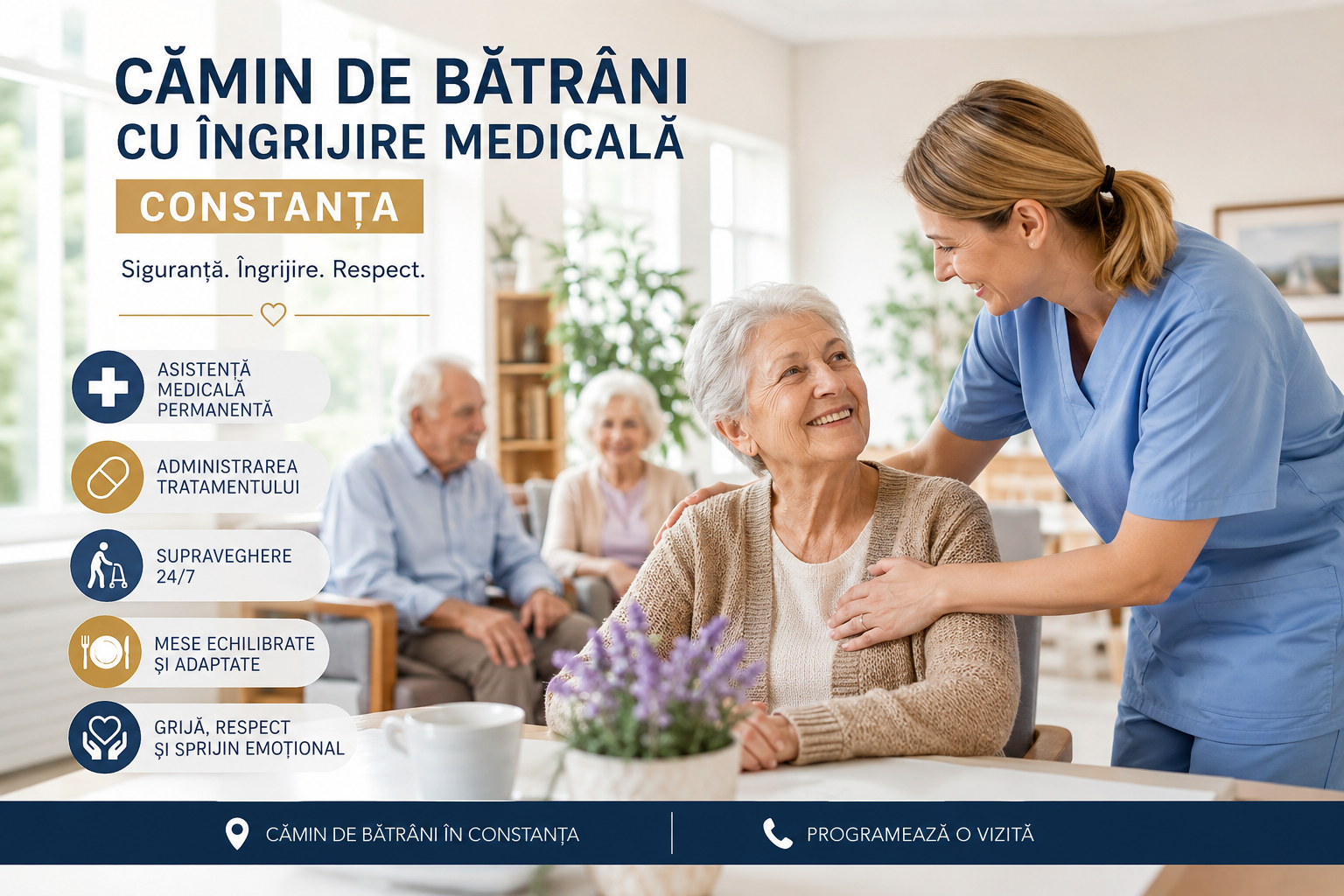 Senior asistat de personal medical într-un cămin de bătrâni cu îngrijire medicală din Constanța
